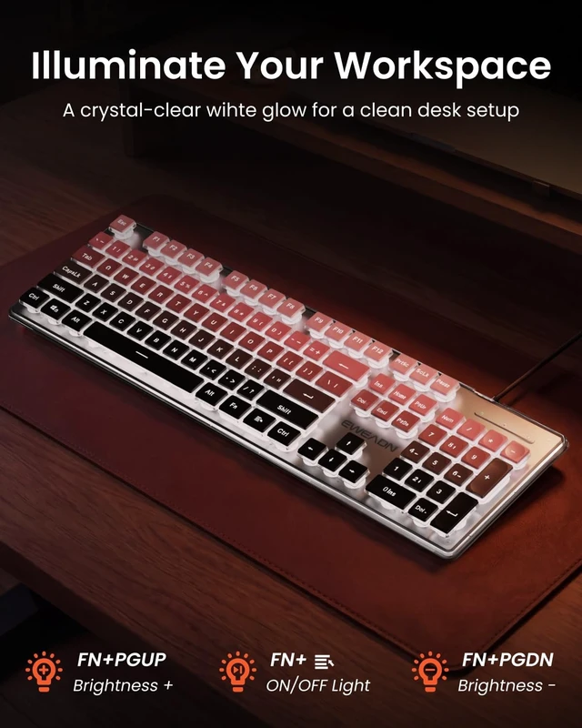 Alt view image 4 of 5 - Wired Keyboard with White Backlit, Never Fade, Soft Click, Black Ombre