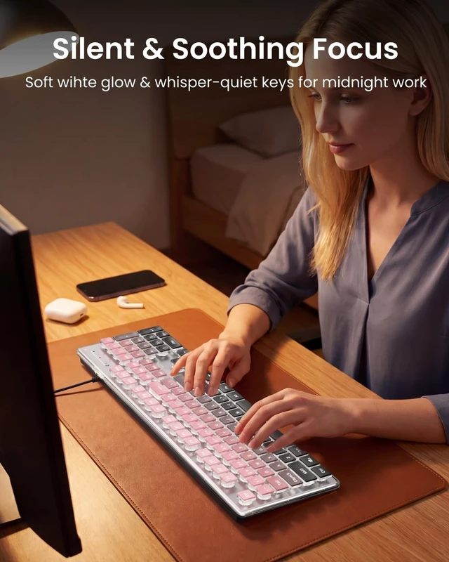 Alt view image 5 of 5 - Wired Keyboard with White Backlit, Never Fade, Soft Click, Black Ombre