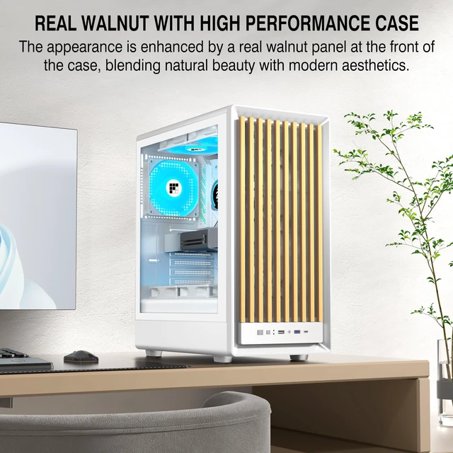 Alt view image 3 of 5 - FOIFKIN M1 PC Case - Walnut Front pane Pre-Installed 4 PWM ARGB Fan, ATX Mid-Tower Computer case, Gaming PC Case, 240MM RAD Support, Type-C, FOIFKIN (White Walnut)