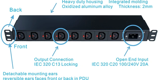 Alt view image 3 of 5 - WatchfulEyE WTH-CS/PDU-C13-E Locking (US121055E) Heavy Duty Metal 1U Rack Mount PDU, Inlet C20 20A 120/240V Open end (Without Extension Cord), Outlet C13 Locking x8 Ports