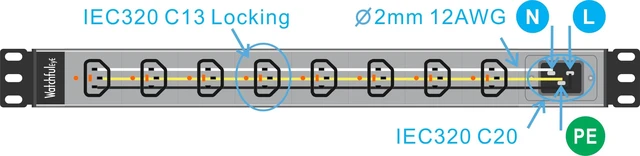 Alt view image 5 of 5 - WatchfulEyE WTH-CS/PDU-C13-E Locking (US121055E) Heavy Duty Metal 1U Rack Mount PDU, Inlet C20 20A 120/240V Open end (Without Extension Cord), Outlet C13 Locking x8 Ports