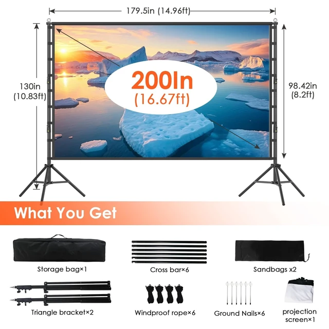 Alt view image 5 of 5 - Outdoor Projector Screen with Stand, 200 inch Indoor Movie Screen 16:9 4K Rear Front Portable Projection Screen, Quick Setup Foldable Travel Home Theater Screen with Carry Bag for Backyard Camping