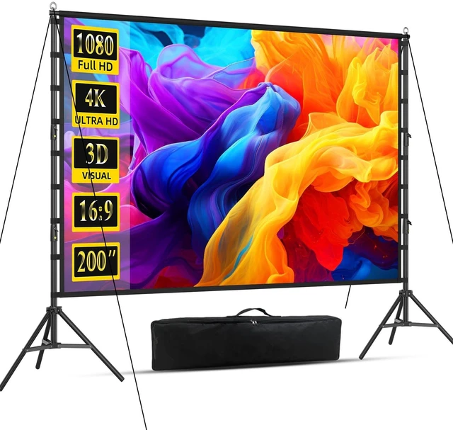 Main image of Outdoor Projector Screen with Stand, 200 inch Indoor Movie Screen 16:9 4K Rear Front Portable Projection Screen, Quick Setup Foldable Travel Home Theater Screen with Carry Bag for Backyard Camping