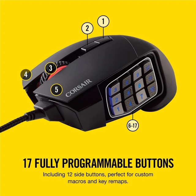 Alt view image 3 of 5 - Corsair Scimitar Pro RGB Optical MMO Gaming Mouse (16,000 DPI Optical Sensor, 12 Programmable Side Buttons, 4-Zone RGB Multicolour Lighting, On-Board Storage) - Black