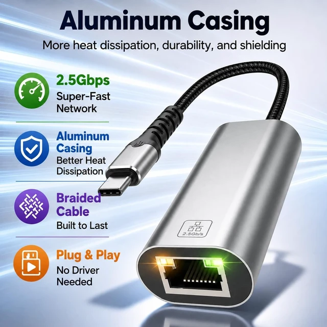 Alt view image 5 of 5 - USB C to Ethernet Adapter 2.5Gb, Aluminum USB-C Ethernet Adapter for Laptop 2.5Gbps High Speed, RTL8156BG, 1G to 2.5G Upgrade, USB-C to RJ45, Thunderbolt 4/3, Windows, MacBook Air/Pro, iPad OS