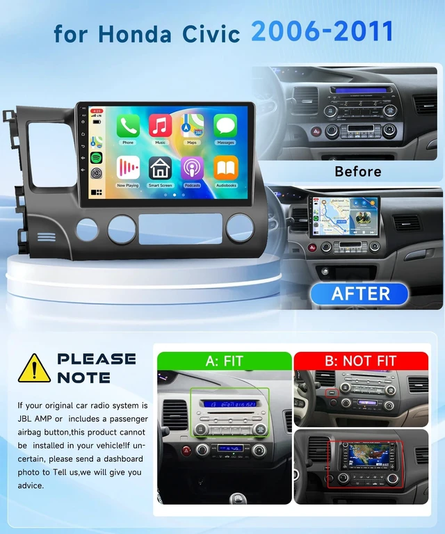 Alt view image 2 of 5 - Podofo 8Core 6G 128G Car Radio for Honda Civic 2006-2011 Wireless Carplay