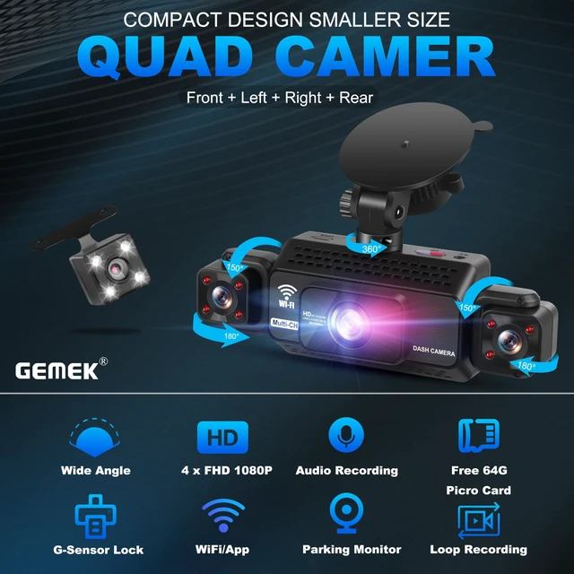Alt view image 2 of 5 - 4 Channel Dash Cam 360 View 5G WiFi & APP Control, GEMEK 2K Front and Rear Inside, Left Right Dash Camera for Cars Free 64GB TF Card, G-Sensor, Night Vision, 24H Parking Mode