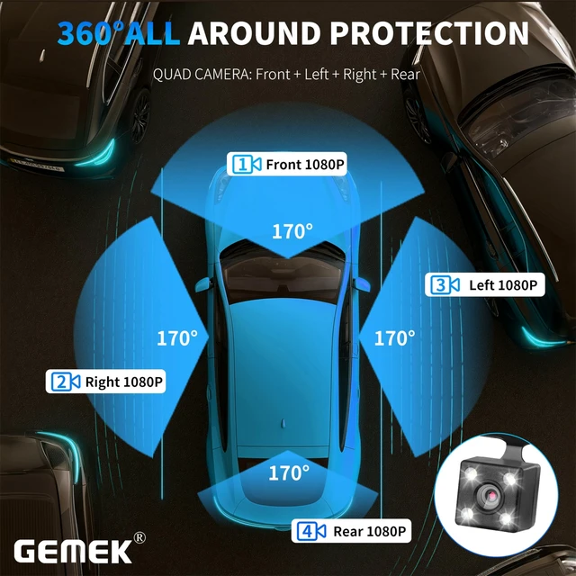 Alt view image 5 of 5 - 4 Channel Dash Cam 360 View 5G WiFi & APP Control, GEMEK 2K Front and Rear Inside, Left Right Dash Camera for Cars Free 64GB TF Card, G-Sensor, Night Vision, 24H Parking Mode