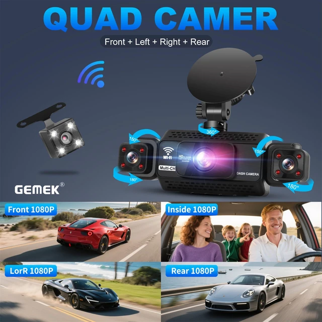 Alt view image 3 of 5 - 4 Channel Dash Cam 360 View 5G WiFi & APP Control, GEMEK 2K Front and Rear Inside, Left Right Dash Camera for Cars Free 64GB TF Card, G-Sensor, Night Vision, 24H Parking Mode