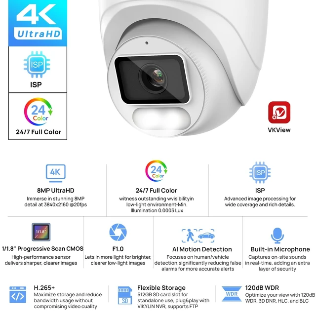 Alt view image 2 of 5 - VIKYLIN 8MP Full Color PoE IP Camera Outdoor with F1.0 Large Aperture Lens