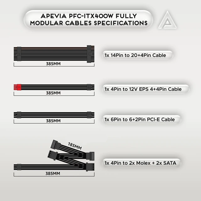 Alt view image 4 of 5 - Apevia ITX-PFC400W Fully Modular ITX 400W Power Supply, Active PFC 90-264V