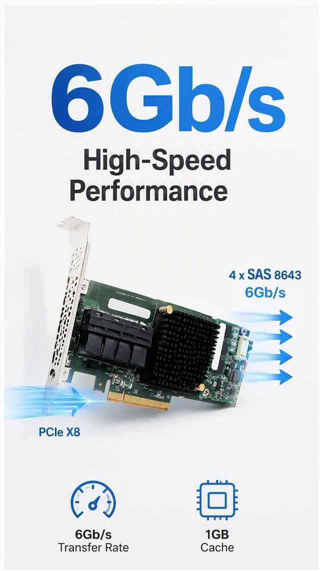 Alt view image 2 of 5 - SAS Controller Card 6GBps 1GB Cache PCIe X8 4 Port