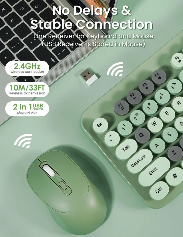 Alt view image 2 of 5 - LAMA Colorful Wireless Keyboard and Mouse Combo, Full-Sized Bluetooth Round Keyboard, Adjustable DPI Mouse, 2.4GHz USB Receiver, Silent Keyboard and Cute Mouse for PC, Windows, MAC, Desktop, La