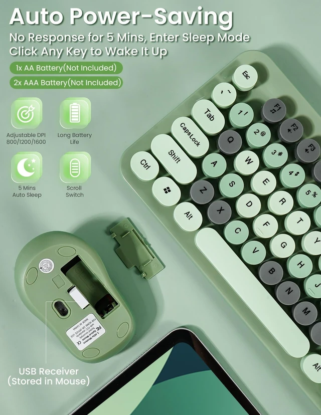 Alt view image 3 of 5 - LAMA Colorful Wireless Keyboard and Mouse Combo, Full-Sized Bluetooth Round Keyboard, Adjustable DPI Mouse, 2.4GHz USB Receiver, Silent Keyboard and Cute Mouse for PC, Windows, MAC, Desktop, La
