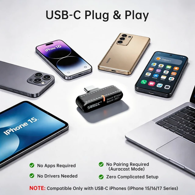 Alt view image 3 of 5 - SUNITEC Auracast USB-C Bluetooth Dongle Adapter for PC & PS5 with LE Audio