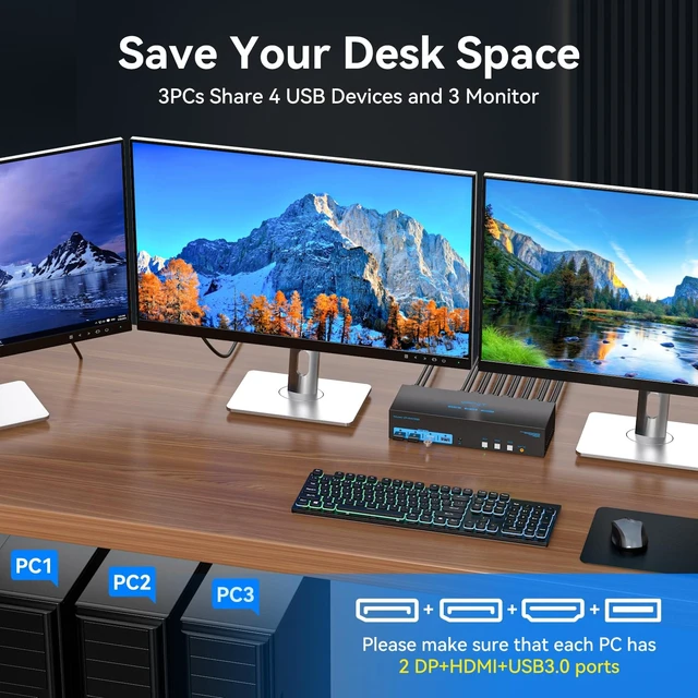 Alt view image 3 of 5 - 4K144Hz Displayport KVM Switch 3 Monitors 3 Computers 1 HDMI 8K30Hz