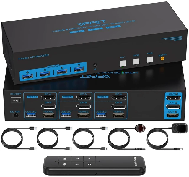 Main image of 4K144Hz Displayport KVM Switch 3 Monitors 3 Computers 1 HDMI 8K30Hz