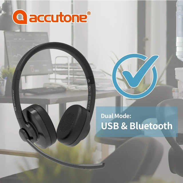 Alt view image 3 of 5 - Accutone Sonar 60 Dual Bluetooth & USB Wired Headse - Bluetooth Headset with NC Mic, Long-Enduring Battery for PC/Mac & Cell Phones. Works with MS Teams/Skype/Zoom