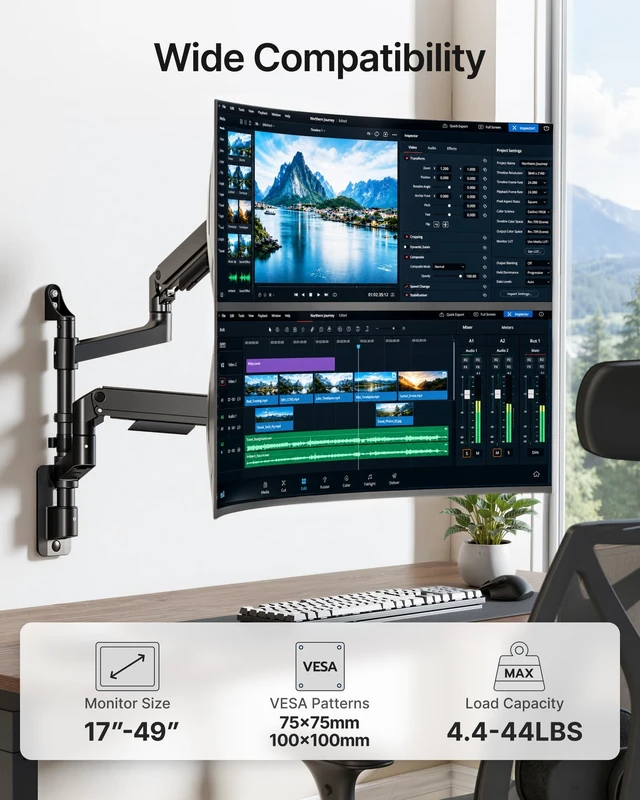 Alt view image 2 of 5 - Dual Wall Mount Monitor Arm for 17-49" Ultrawide Screens