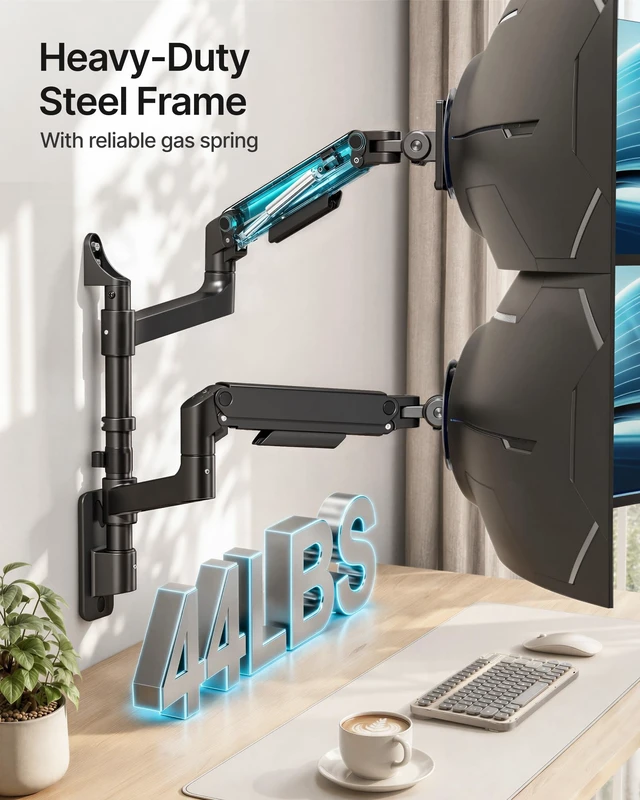Alt view image 3 of 5 - Dual Wall Mount Monitor Arm for 17-49" Ultrawide Screens