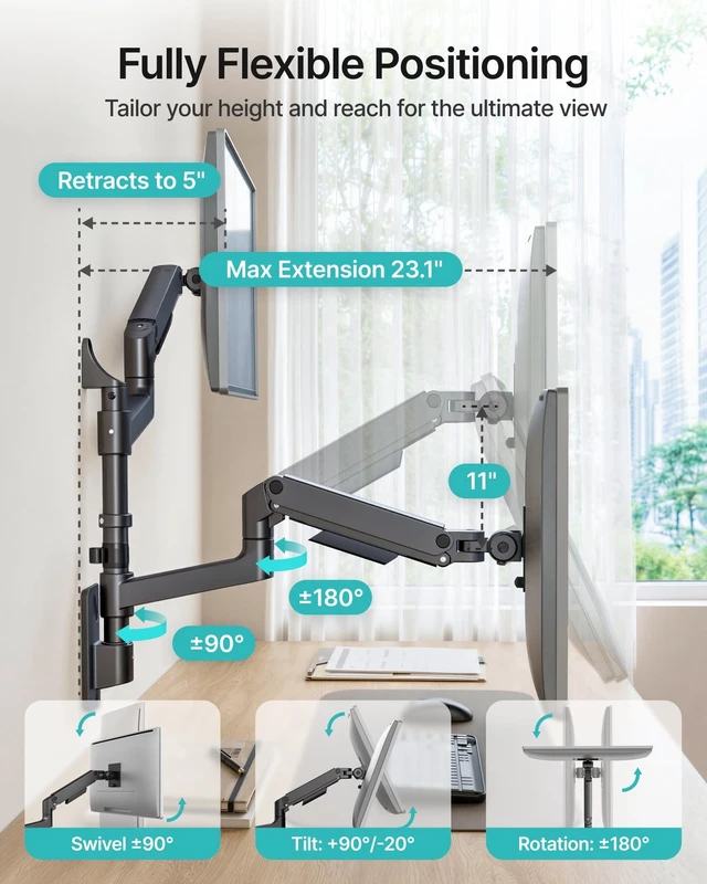Alt view image 4 of 5 - Dual Wall Mount Monitor Arm for 17-49" Ultrawide Screens