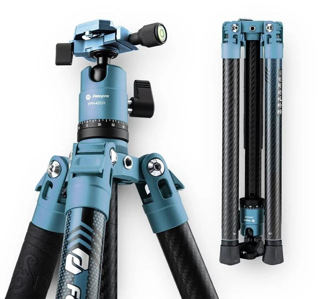 Main image of Fotopro 60" Camera Tripod, Carbon Fiber Travel Tripod with 360 Ball Head, Ultralight 2.1lbs, 22lbs Load, Quick Lock, Folds to 14.3" Carry-On, for DSLR Mirrorless Cameras, X-Aircross 3 Blue