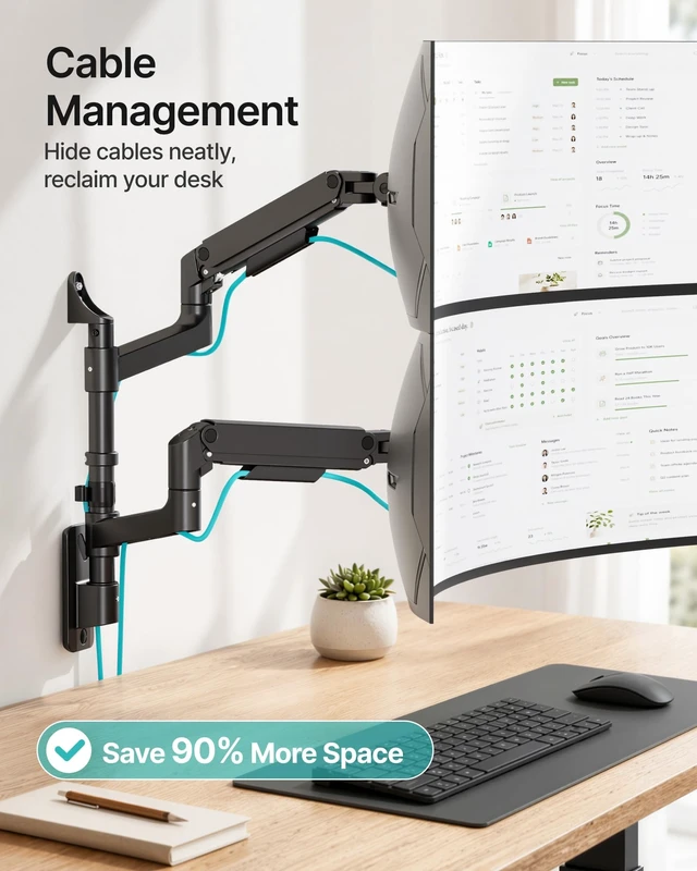 Alt view image 5 of 5 - Dual Wall Mount Monitor Arm for 17-49" Ultrawide Screens