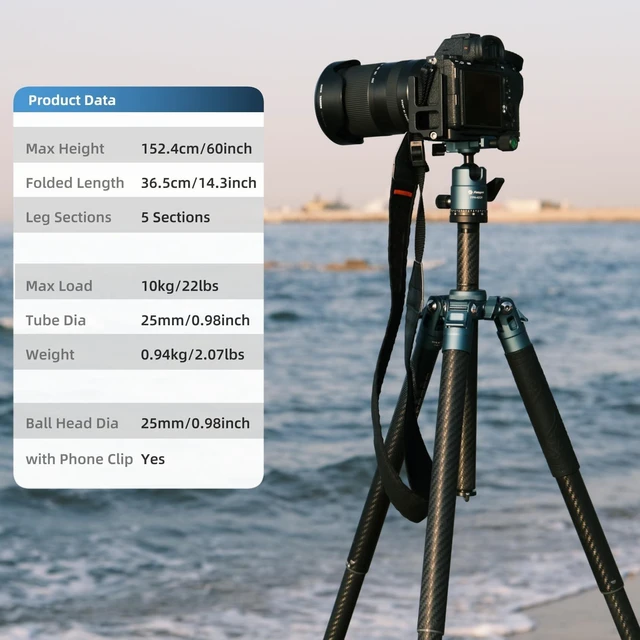 Alt view image 2 of 5 - Fotopro 60" Camera Tripod, Carbon Fiber Travel Tripod with 360 Ball Head, Ultralight 2.1lbs, 22lbs Load, Quick Lock, Folds to 14.3" Carry-On, for DSLR Mirrorless Cameras, X-Aircross 3 Blue