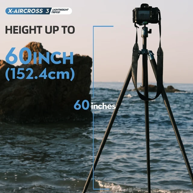 Alt view image 3 of 5 - Fotopro 60" Camera Tripod, Carbon Fiber Travel Tripod with 360 Ball Head, Ultralight 2.1lbs, 22lbs Load, Quick Lock, Folds to 14.3" Carry-On, for DSLR Mirrorless Cameras, X-Aircross 3 Blue