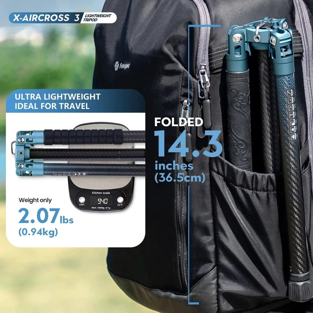Alt view image 4 of 5 - Fotopro 60" Camera Tripod, Carbon Fiber Travel Tripod with 360 Ball Head, Ultralight 2.1lbs, 22lbs Load, Quick Lock, Folds to 14.3" Carry-On, for DSLR Mirrorless Cameras, X-Aircross 3 Blue