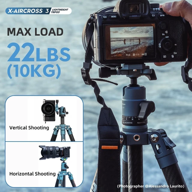 Alt view image 5 of 5 - Fotopro 60" Camera Tripod, Carbon Fiber Travel Tripod with 360 Ball Head, Ultralight 2.1lbs, 22lbs Load, Quick Lock, Folds to 14.3" Carry-On, for DSLR Mirrorless Cameras, X-Aircross 3 Blue