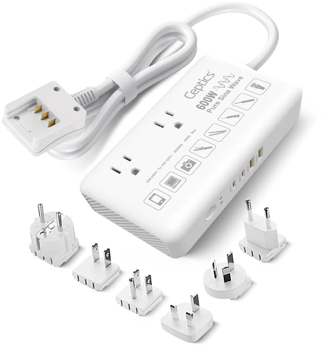 Main image of Ceptics 600W Pure Sine Wave 220v to 110v Converter, Step Down Voltage Converter us to Europe, 6 Plug attachments and 4 USB Ports (35W max), Perfect for Hair dryers, Straighteners and Curling Irons