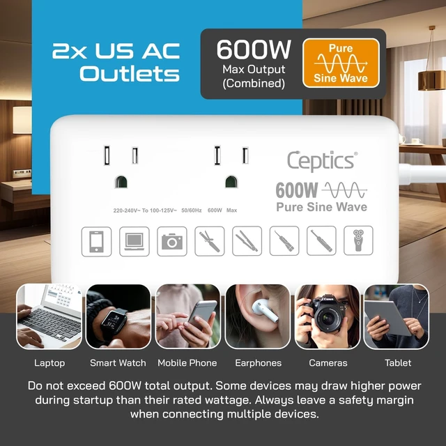 Alt view image 2 of 5 - Ceptics 600W Pure Sine Wave 220v to 110v Converter, Step Down Voltage Converter us to Europe, 6 Plug attachments and 4 USB Ports (35W max), Perfect for Hair dryers, Straighteners and Curling Irons