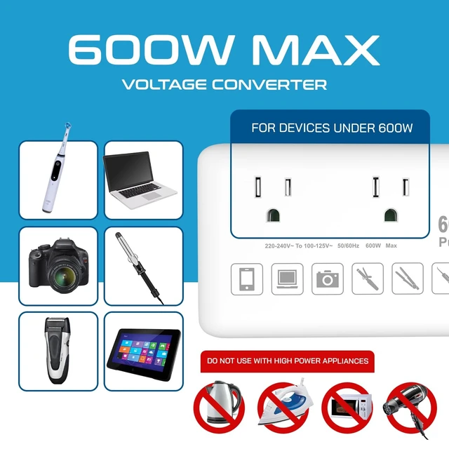 Alt view image 3 of 5 - Ceptics 600W Pure Sine Wave 220v to 110v Converter, Step Down Voltage Converter us to Europe, 6 Plug attachments and 4 USB Ports (35W max), Perfect for Hair dryers, Straighteners and Curling Irons