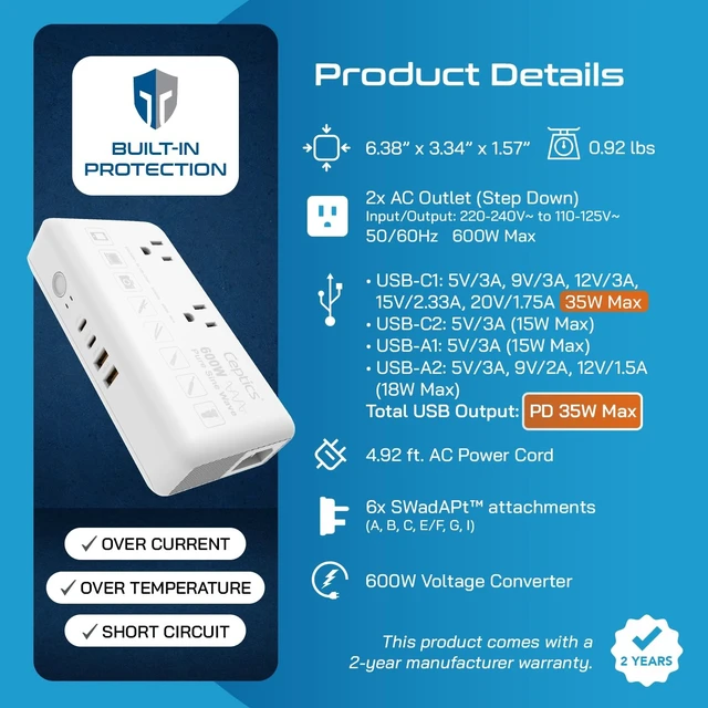 Alt view image 4 of 5 - Ceptics 600W Pure Sine Wave 220v to 110v Converter, Step Down Voltage Converter us to Europe, 6 Plug attachments and 4 USB Ports (35W max), Perfect for Hair dryers, Straighteners and Curling Irons
