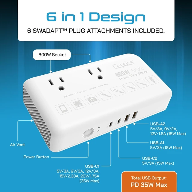 Alt view image 5 of 5 - Ceptics 600W Pure Sine Wave 220v to 110v Converter, Step Down Voltage Converter us to Europe, 6 Plug attachments and 4 USB Ports (35W max), Perfect for Hair dryers, Straighteners and Curling Irons