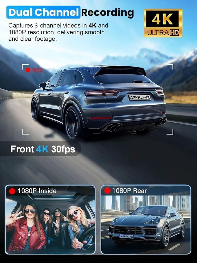 Alt view image 2 of 5 - 3 Channel 4K Dash Cam Front and Rear Inside, Built-in 5G WiFi,4K+1080P+1080P Dash Camera with 64GB Card,3.16 IPS Screen,Loop Recording, G-Sensor, 24H Parking Monitor, Night Vision(Rose Gold)