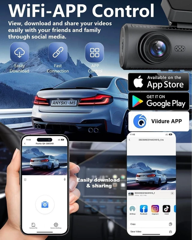 Alt view image 4 of 5 - 3 Channel 4K Dash Cam Front and Rear Inside, Built-in 5G WiFi,4K+1080P+1080P Dash Camera with 64GB Card,3.16 IPS Screen,Loop Recording, G-Sensor, 24H Parking Monitor, Night Vision(Rose Gold)