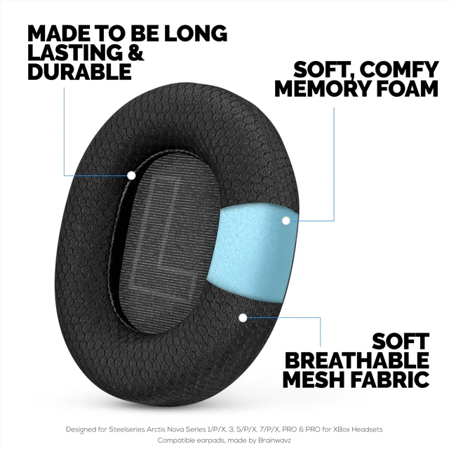 Alt view image 3 of 5 - Fabric Earpads for Steelseries Arctis Nova Series 1/P/X, 3, 5/P/X, 7/P/X, PRO & PRO for Xbox Headsets, Breathable Mesh Fabric & High-Grade Memory Foam - Thicker, Comfier & Long Lasting, By Brainwavz