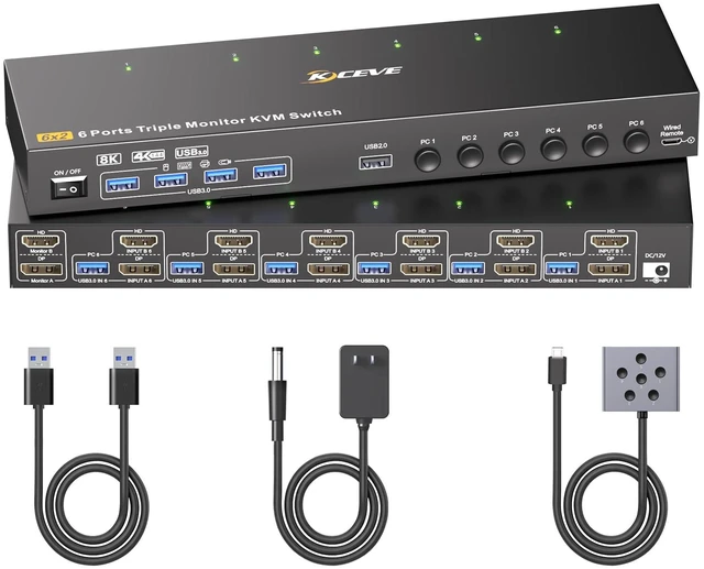 Main image of KVM Switch 2 Monitors 6 Computers HDMI + DisplayPort, KCEVE DP 6 Computer KVM Switcher, 8K@30Hz/4k@144Hz for 6 PC Share 2 Display and USB 3.0 Devices