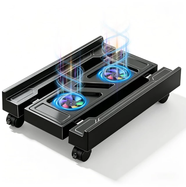 Main image of Hmseng PC Stand for PC Tower With F, Computer Desktop Stand with 4 Lockable Castors, Universal Adjustable CPU Stand with Wheels - (New Black)