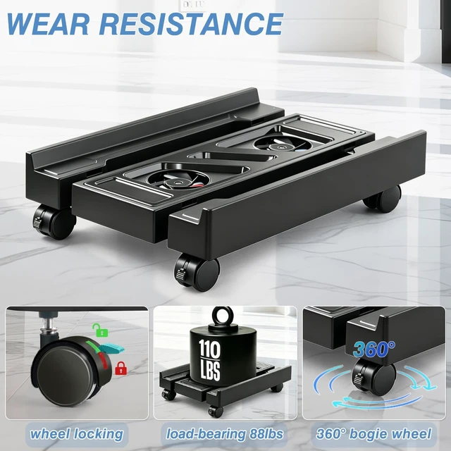 Alt view image 3 of 5 - Hmseng PC Stand for PC Tower With F, Computer Desktop Stand with 4 Lockable Castors, Universal Adjustable CPU Stand with Wheels - (New Black)