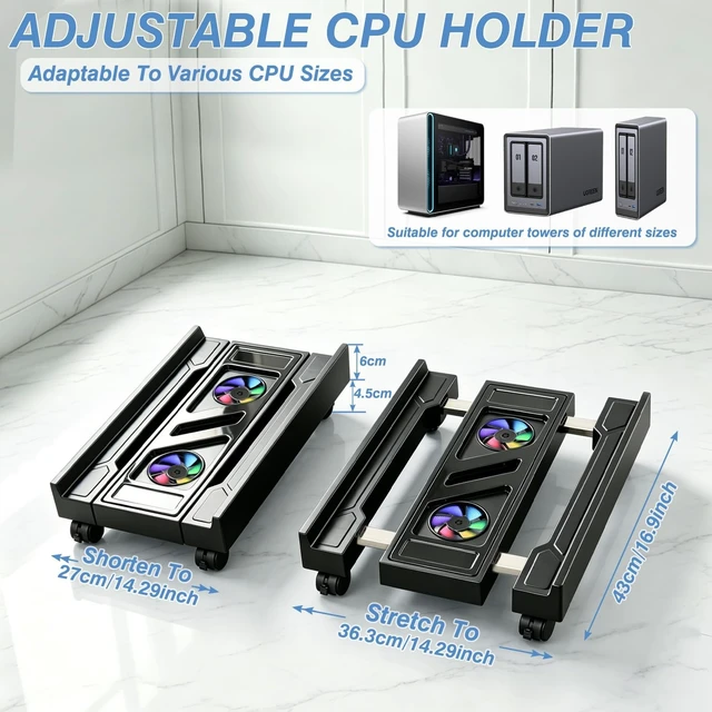 Alt view image 2 of 5 - Hmseng PC Stand for PC Tower With F, Computer Desktop Stand with 4 Lockable Castors, Universal Adjustable CPU Stand with Wheels - (New Black)