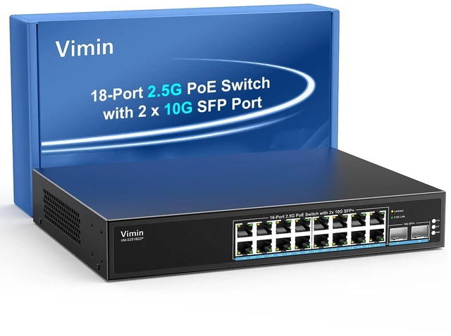 Main image of 16 Port 2.5G PoE Switch Unmanaged with 2X 10Gbps SFP, VIMIN 16x 2.5G Base-T PoE Ports, 10G SFP PoE Switch w/ 120Gbps Ethernet Switching Capacity, IEEE802.3af/at, 250W, VLAN, Metal Housing, Fanless