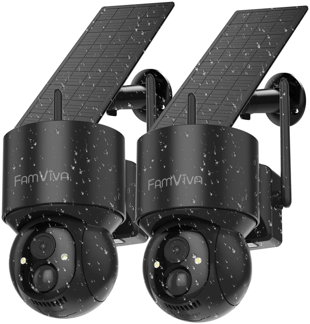 Main image of FAMVIVA 2K Solar Security Cameras Wireless Outdoor, 360PTZ Battery Powered Cameras for Home Security, 2.4G WiFi Outdoor Camera with Color Night Vision, IP66 Waterproof, Motion Sensor Alarm, Bla