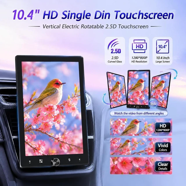 Alt view image 5 of 5 - 10.4" Rotatable Single Din Car Stereo Touchscreen Radio Wireless CarPlay Android Auto, Bluetooth 5.2 WiFi6 HD 1280 * 800 IPS Display with Backup Camera