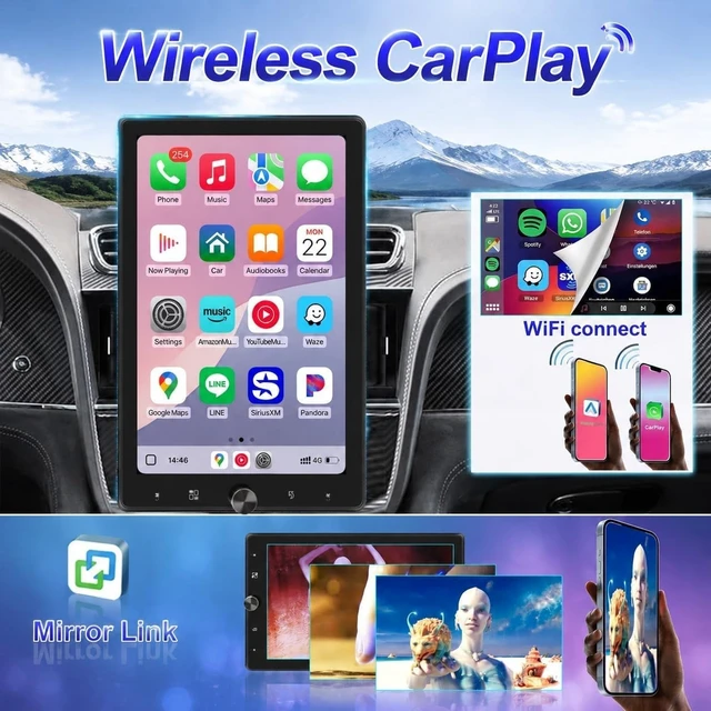 Alt view image 2 of 5 - 10.4" Rotatable Single Din Car Stereo Touchscreen Radio Wireless CarPlay Android Auto, Bluetooth 5.2 WiFi6 HD 1280 * 800 IPS Display with Backup Camera