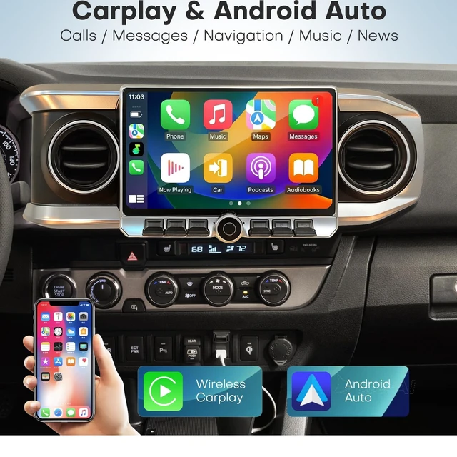 Alt view image 3 of 5 - Radio for Toyota Tacoma 2016 2017 2018 2019 2020 2021 2022 Car Stereo Android 14 8 Core 4G RAM + 64G ROM QLED 10 Inch Touch Screen Carplay & Android Auto Bluetooth WiFi SWC GPS FM Head Unit