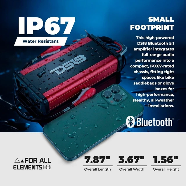 Alt view image 3 of 5 - DS18 NXL-N4BT Ultra-Compact Waterproof 4-Channel Car Amplifier with Bluetooth 5.1 Built-in, Full-Range Class D Digital Amp, 1800W Peak, IP67 Marine Rated, 4x100W RMS @ 4 Ohm