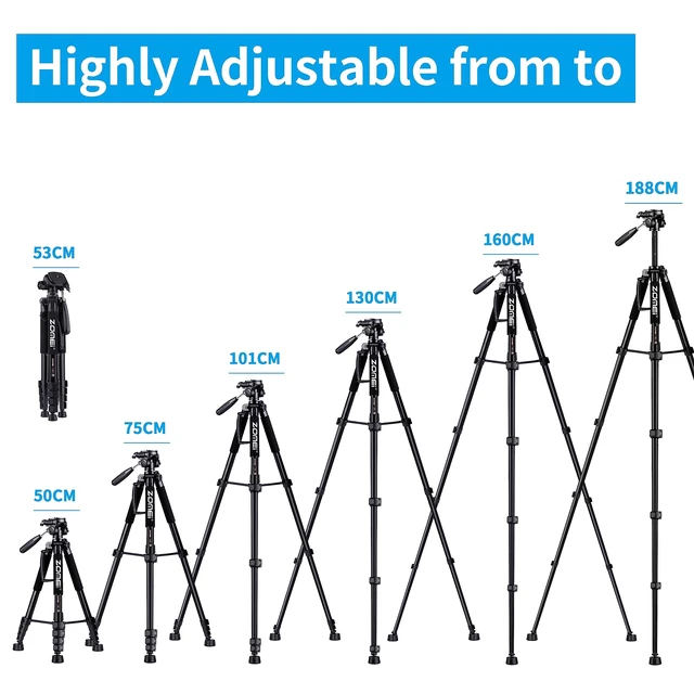 Alt view image 4 of 5 - ZOMEi 188cm Heavy Duty DSLR Tripod Stand, Tall Multi-Functional Extension, Multi-Angle Shooting, Compatible with Cameras, Mobile Phones, Projector, Binoculars, Spotting Scope, Black